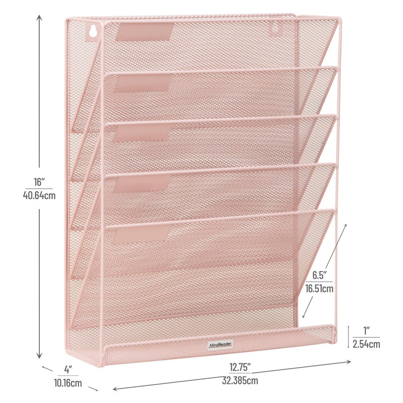 Mind Reader 5-Pocket Vertical File Storage, Desktop Organizer, Wall Mount, Office, Metal Mesh, Pink - Image 3